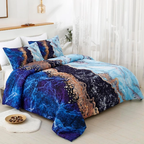 Blue Marble Comforter Set, King Size, Retro Watercolor 3-Piece Bedding Collection