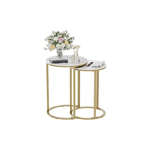 2Pcs Gold Marble Nesting Side End Tables Round Small Stacking Drink Coffee Table