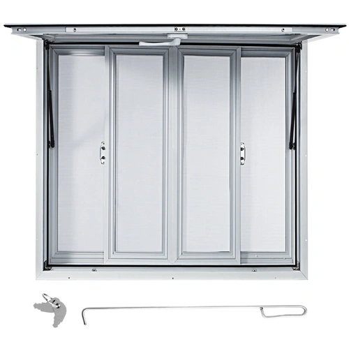 VEVOR Concession Window, 91.4 x 91.4 cm Aluminum Alloy Food Truck Service Window with 4 Horizontal Sliding Screen Windows & Awning Door & Drag Hook, S