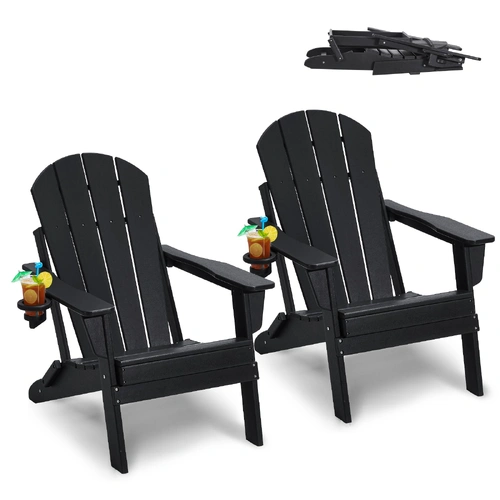 VEVOR Adirondack Chair Plastic, Set of 2 All-Weather Portable Folding Fire Pit Chair, Outdoor Adirondack Patio Chair with Cup Holder, with Relaxing Ar
