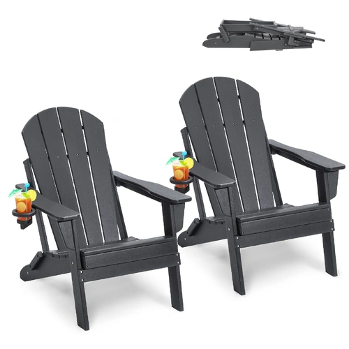 VEVOR Adirondack Chair Plastic, Set of 2 All-Weather Portable Folding Fire Pit Chair, Outdoor Adirondack Patio Chair with Cup Holder, with Relaxing Ar