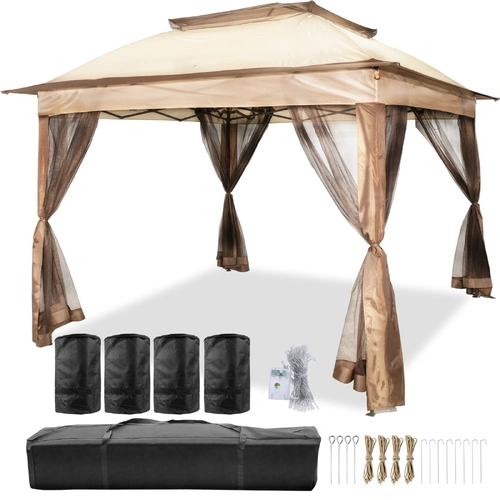 VEVOR Outdoor Canopy Gazebo Tent, Portable Canopy Shelter with 11\'x11\' Large Shade Space for Party, Backyard, Patio Lawn and Garden, 4 Sandbags, Car