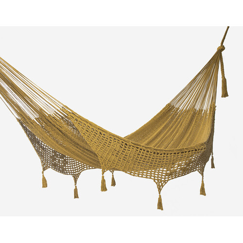 Outdoor undercover cotton Mayan Legacy hammock with hand crocheted tassels King Size Mustard