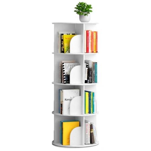 4 Tier Rotating Bookshelf PVC Freestanding Corner Rack Bookcase Multifunctional Spinning 360 Storage Shelving Unit Organizer for Home Office Space-Sav