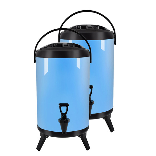 2X 12L Stainless Steel Insulated Milk Tea Barrel Hot and Cold Beverage Dispenser Container with Faucet Blue