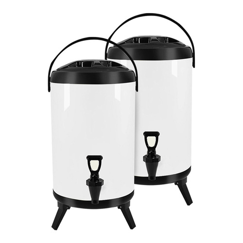 2X 14L Stainless Steel Insulated Milk Tea Barrel Hot and Cold Beverage Dispenser Container with Faucet White