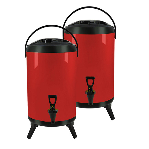 2X 16L Stainless Steel Insulated Milk Tea Barrel Hot and Cold Beverage Dispenser Container with Faucet Red
