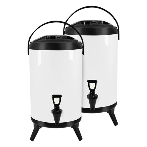 2X 16L Stainless Steel Insulated Milk Tea Barrel Hot and Cold Beverage Dispenser Container with Faucet White