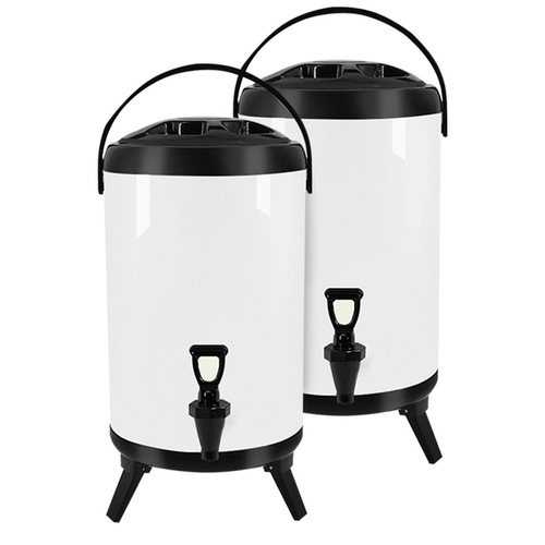 2X 8L Stainless Steel Insulated Milk Tea Barrel Hot and Cold Beverage Dispenser Container with Faucet White