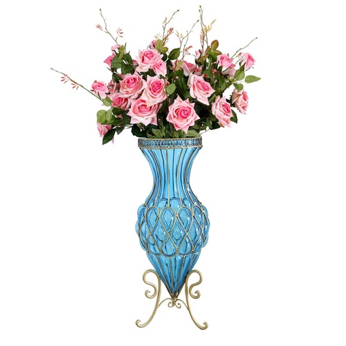 67cm Blue Glass Tall Floor Vase and 12pcs Pink Artificial Fake Flower Set