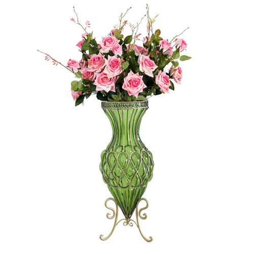 67cm Green Glass Tall Floor Vase and 12pcs Pink Artificial Fake Flower Set