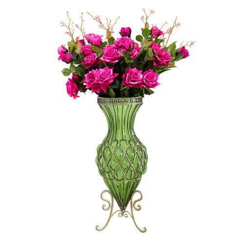 67cm Green Glass Tall Floor Vase and 12pcs Dark Pink Artificial Fake Flower Set