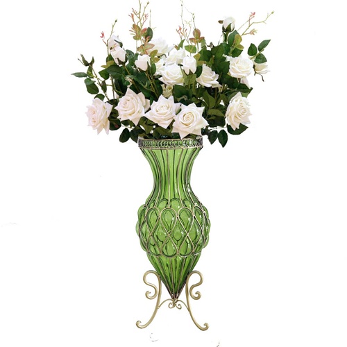 67cm Green Glass Tall Floor Vase and 12pcs White Artificial Fake Flower Set