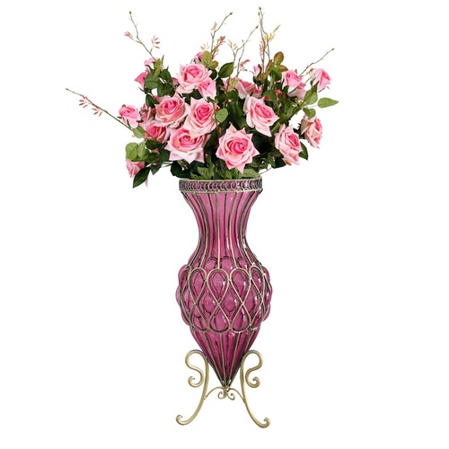 67cm Purple Glass Tall Floor Vase and 12pcs Pink Artificial Fake Flower Set