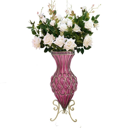 67cm Purple Glass Tall Floor Vase and 12pcs White Artificial Fake Flower Set