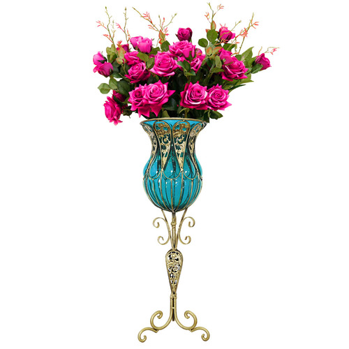 85cm Blue Glass Tall Floor Vase and 12pcs Dark Pink Artificial Fake Flower Set