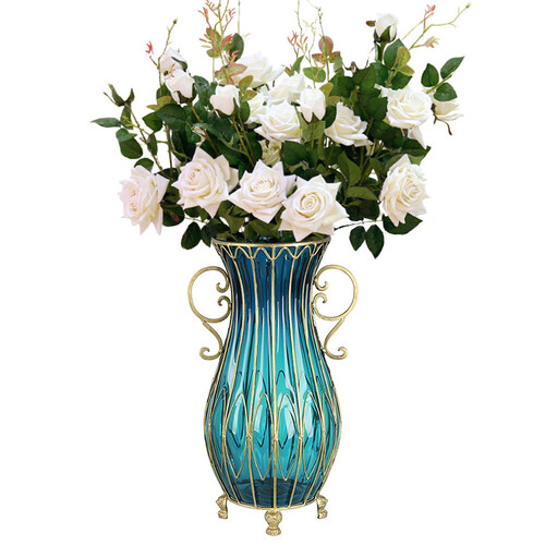 51cm Blue Glass Tall Floor Vase with 12pcs White Artificial Fake Flower Set