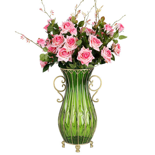 51cm Green Glass Tall Floor Vase with 12pcs Pink Artificial Fake Flower Set