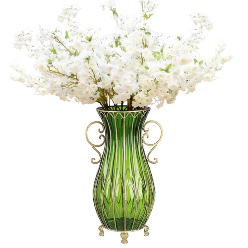51cm Green Glass Tall Floor Vase and 10pcs White Artificial Fake Flower Set