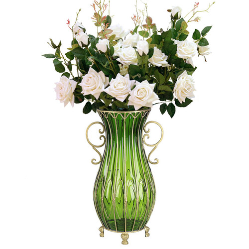  51cm Green Glass Tall Floor Vase with 12pcs White Artificial Fake Flower Set