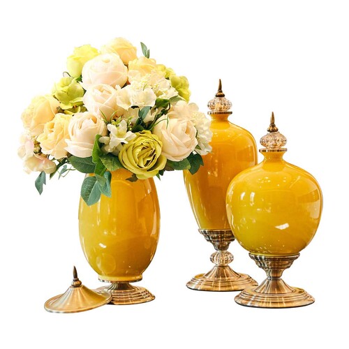 3X Ceramic Oval Flower Vase with White Flower Set Yellow