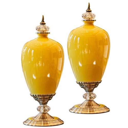 2X 42cm Ceramic Oval Flower Vase with Gold Metal Base Yellow