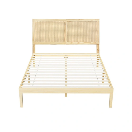 Artiss Bed Frame Queen Size with Rattan Headboard Wooden Bed Base BRUNO