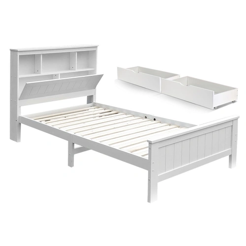 Artiss Bed Frame King Single Size Wooden with 2 Storage Drawers White