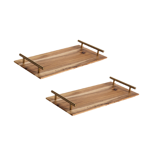 2X 36cm Brown Rectangle Wooden Acacia Food Serving Tray Charcuterie Board Centerpiece  Home Decor