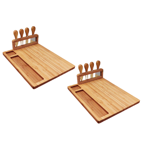 2X 36cm Brown Rectangular Wood Cheese Board Charcuterie Serving Tray with Knife Set Countertop Decor