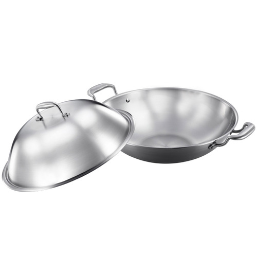 3-Ply 38cm Stainless Steel Double Handle Wok Frying Fry Pan Skillet with Lid