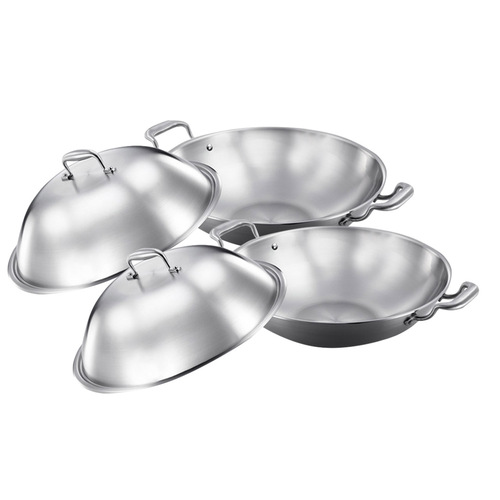 2X 3-Ply 38cm Stainless Steel Double Handle Wok Frying Fry Pan Skillet with Lid