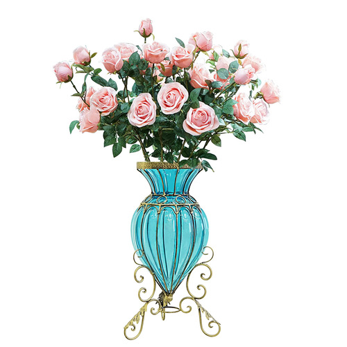Blue Colored Glass Floor Flower Vase 8 Bunch 5 Heads Artificial Fake Silk Rose Home Decor Set