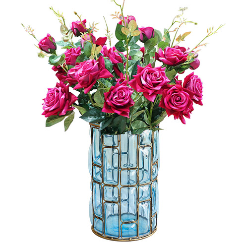  Blue Glass Cylinder Flower Vase with 8 Bunch 5 Heads Artificial Fake Silk Rose Home Decor Set