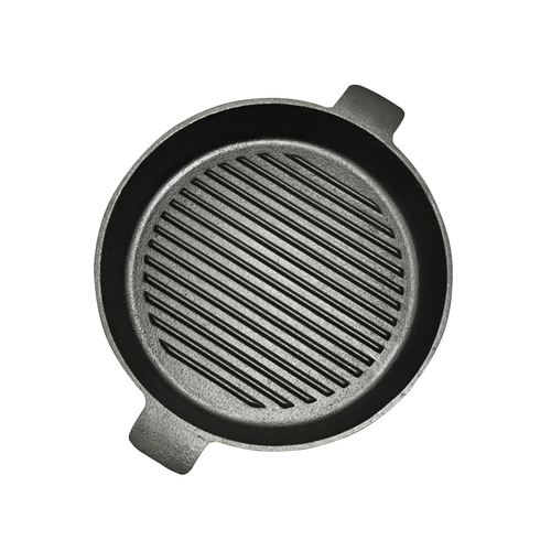 25cm Round Ribbed Cast Iron Frying Pan Skillet Steak Sizzle Platter with Handle