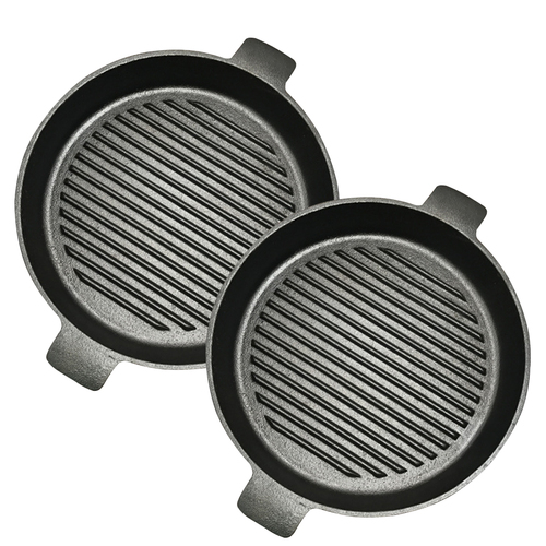 2X 25cm Round Ribbed Cast Iron Frying Pan Skillet Steak Sizzle Platter with Handle