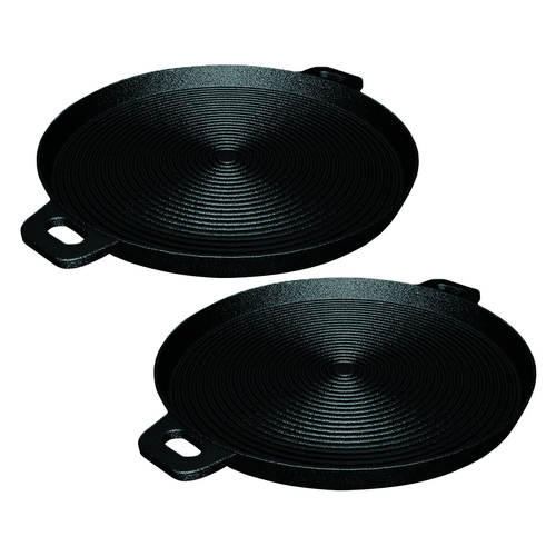 2X 34cm Round Ribbed Cast Iron Frying Pan Skillet Steak Sizzle Platter with Handle
