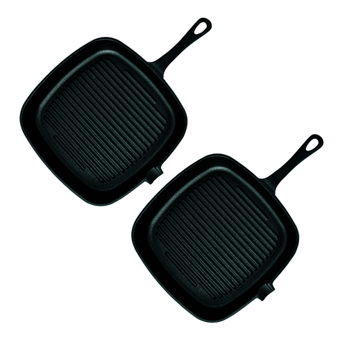 2X 23.5cm Square Ribbed Cast Iron Frying Pan Skillet Steak Sizzle Platter with Handle