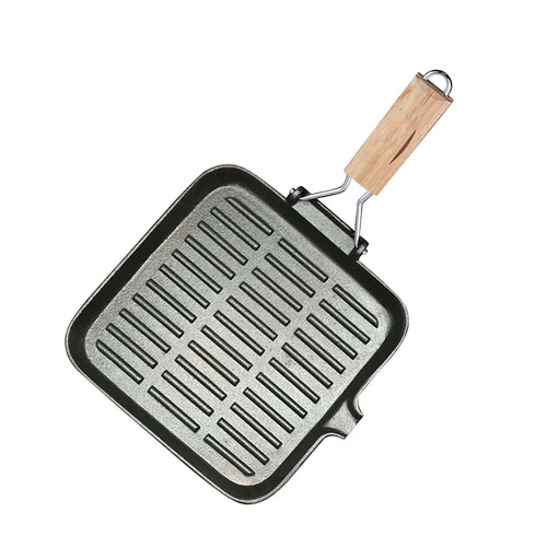 28cm Ribbed Cast Iron Square Steak Frying Grill Skillet Pan with Folding Wooden Handle