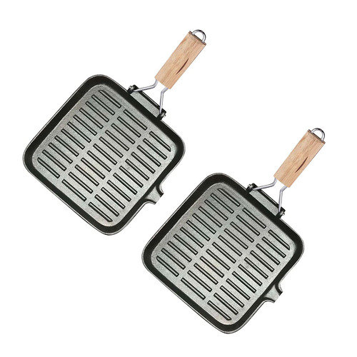 2X 28cm Ribbed Cast Iron Square Steak Frying Grill Skillet Pan with Folding Wooden Handle