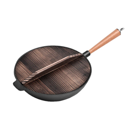  31cm Commercial Cast Iron Wok FryPan Fry Pan with Wooden Lid