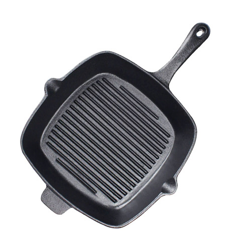  26cm Square Ribbed Cast Iron Frying Pan Skillet Steak Sizzle Platter with Handle