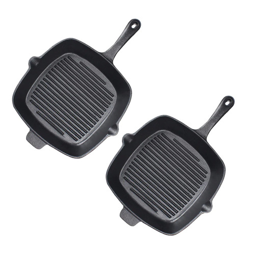  2X 26cm Square Ribbed Cast Iron Frying Pan Skillet Steak Sizzle Platter with Handle