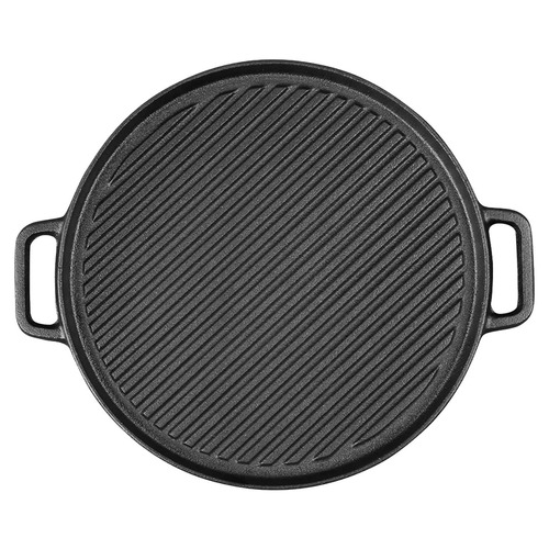 30cm Round Cast Iron Ribbed BBQ Pan Skillet Steak Sizzle Platter with Handle