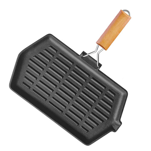 Rectangular Cast Iron Griddle Grill Frying Pan with Folding Wooden Handle