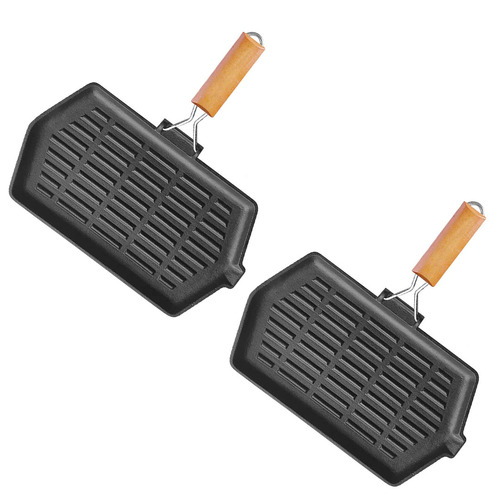 2X Rectangular Cast Iron Griddle Grill Frying Pan with Folding Wooden Handle