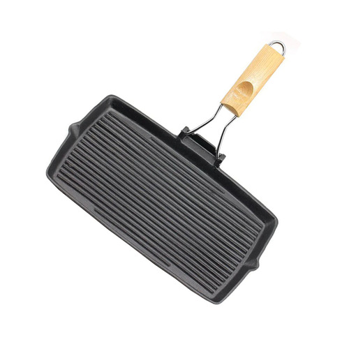 20.5cm Rectangular Cast Iron Griddle Grill Frying Pan with Folding Wooden Handle