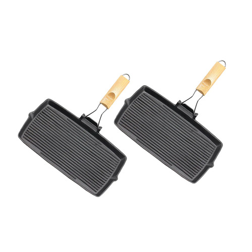 2X 20.5cm Rectangular Cast Iron Griddle Grill Frying Pan with Folding Wooden Handle
