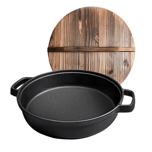 29cm Round Cast Iron Pre-seasoned Deep Baking Pizza Frying Pan Skillet with Wooden Lid