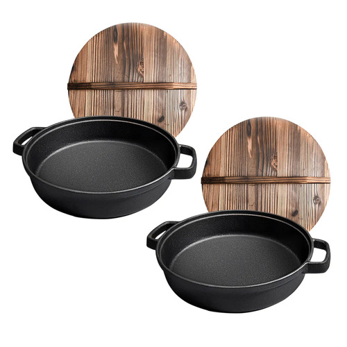 2X 33cm Round Cast Iron Pre-seasoned Deep Baking Pizza Frying Pan Skillet with Wooden Lid